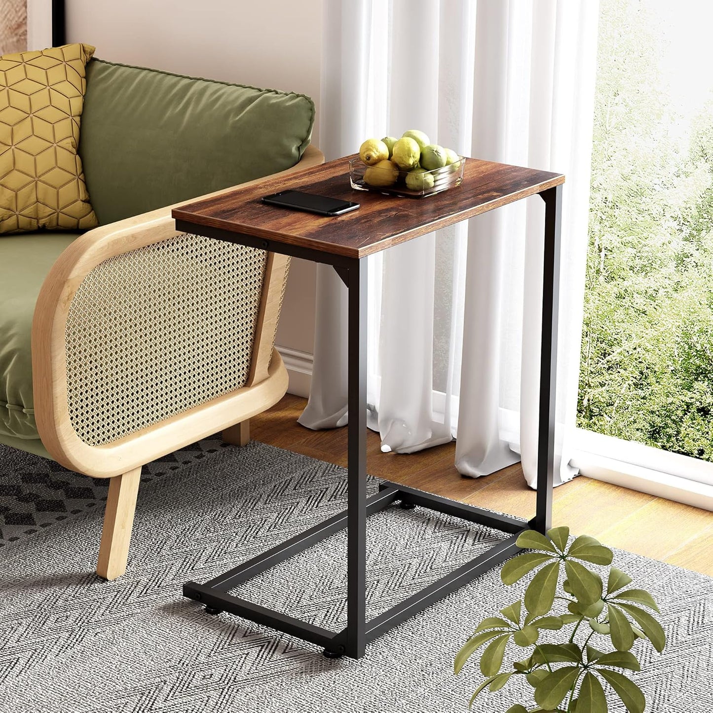 WLIVE C-Shaped End Table, Small Side Tables for Sofa, Wide Couch Table That Slide Under, Laptop Snack Table for Living Room, Bedroom, Home Office, Retro Brown