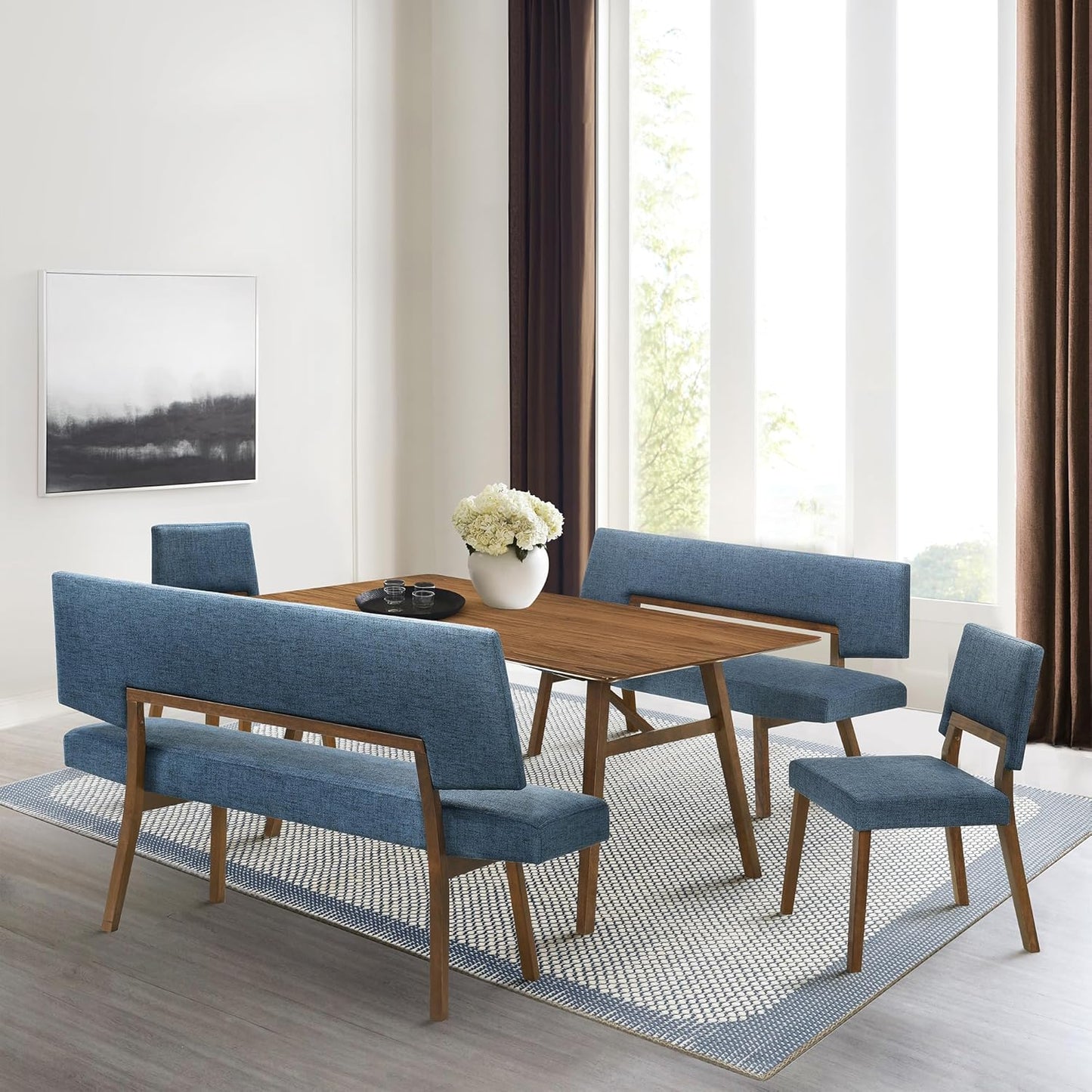 Armen Living Channell Mid Century Modern 5 Piece Walnut Wood Dining Table Set with Benches in Blue Fabric