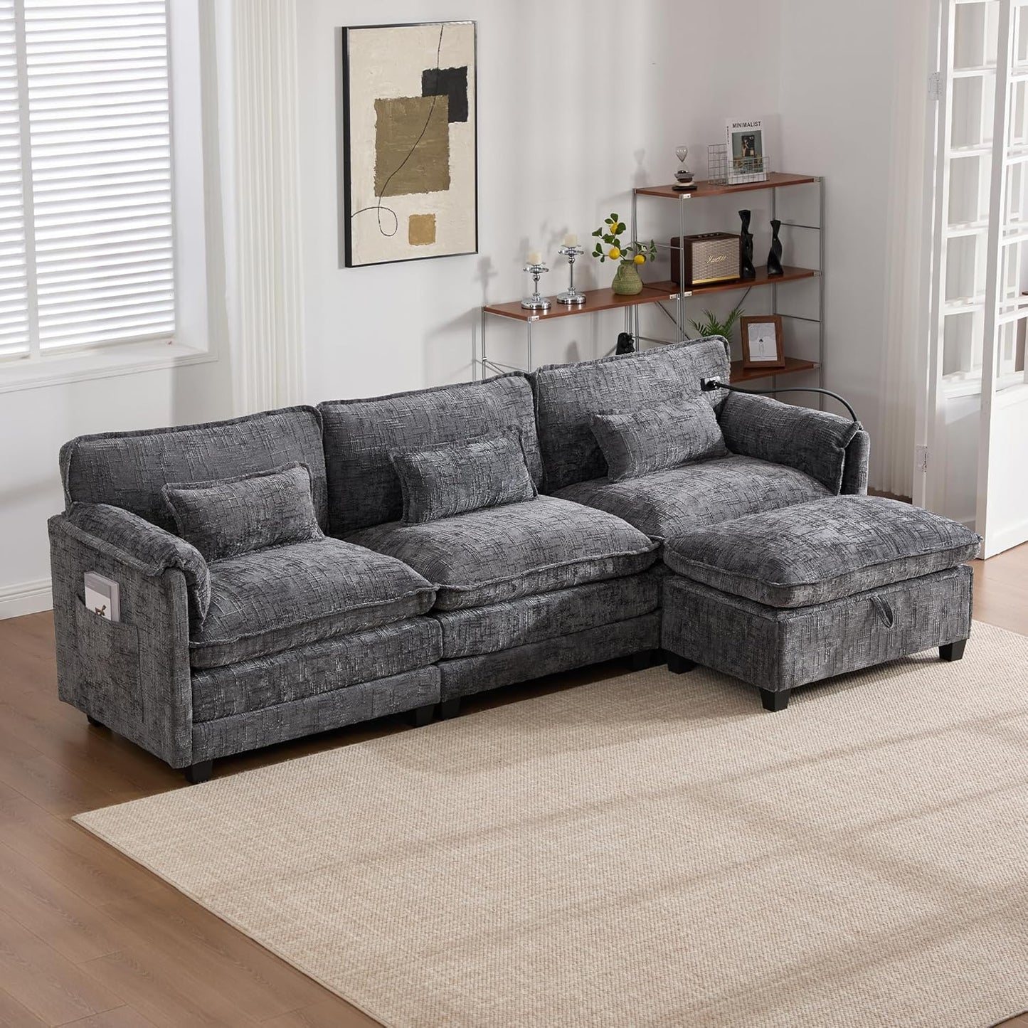 Ball & Cast 109" Oversized Sectional Sofa,Comfy Cloud Couch W/Movable Storage Ottoman,L Shaped Sectional Sofa W/USB Charging Port,Phone Holder&Side Pocke,Chenille Fabric,for Living Room,Gray