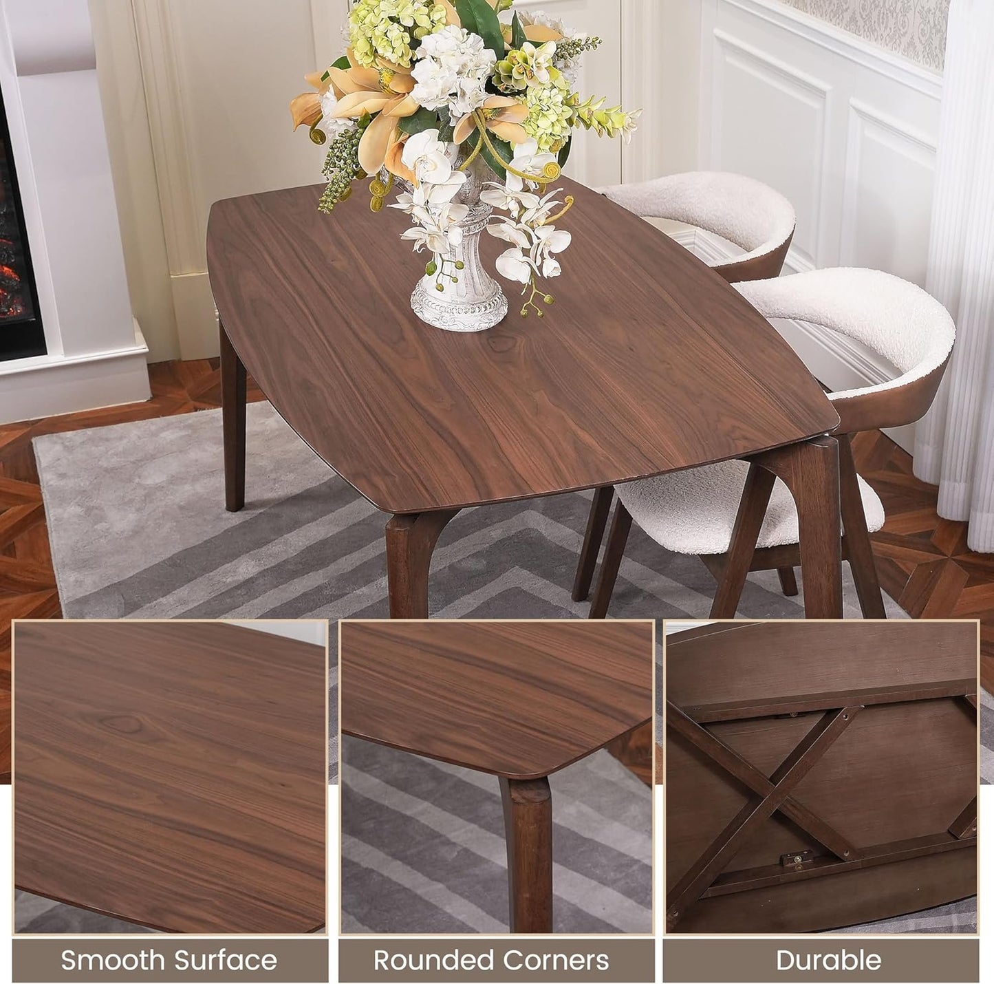 CONSDAN Dining Table for 4-6, Table Only, Walnut Veneer Top, Solid Wood Frame, Round Rectangular Shape, Softly Curved Edges, Elegant Look