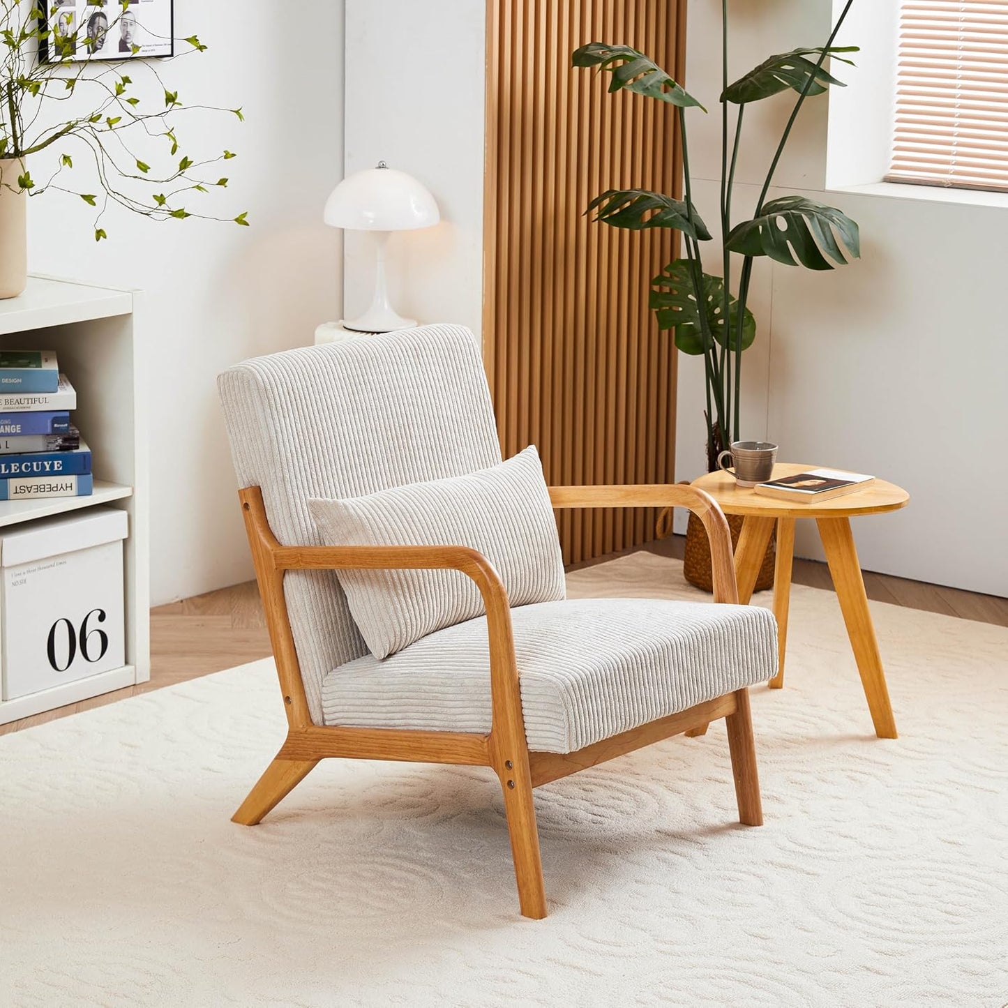 Ball & Cast Living Room Chair with Pillow,Mid-Century Modern Armchair w/Solid Wood Frame & Extra-Thick Backrest,Upholstered Reading Accent Chair for Bedroom,Beige