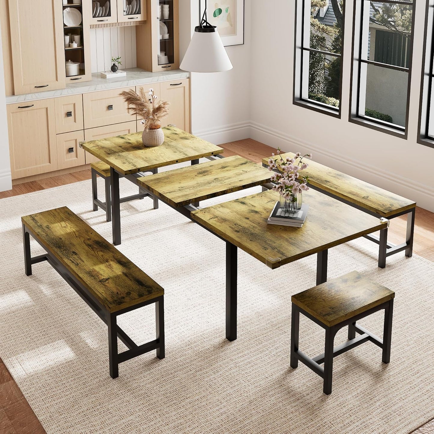 5 Piece Dining Table Set for 4-6, 63" Extendable Kitchen Table Set with 2 Benches & 2 Stools, Farmhouse Dining Room Table for Small Space, Metal & Wood Support, Rustic Brown