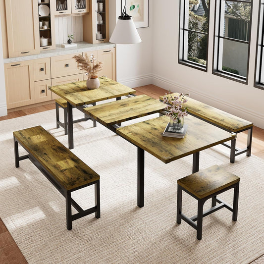 5 Piece Dining Table Set for 4-6, 63" Extendable Kitchen Table Set with 2 Benches & 2 Stools, Farmhouse Dining Room Table for Small Space, Metal & Wood Support, Rustic Brown