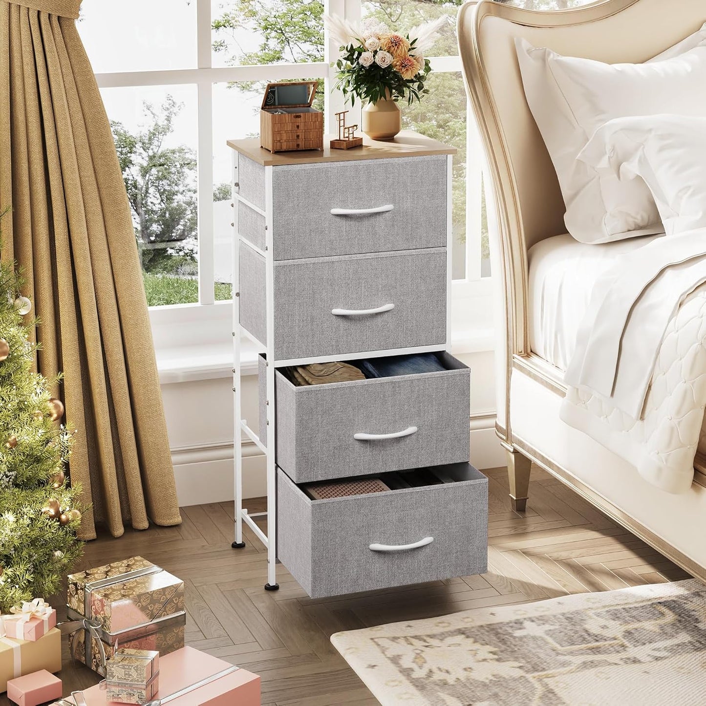 WLIVE 4 Drawers Dresser for Bedroom, Light Grey Fabric Clothes Storage Organizer Unit, Dresser for Hallway, Entryway, Closets, Sturdy Steel Frame, Wood Top