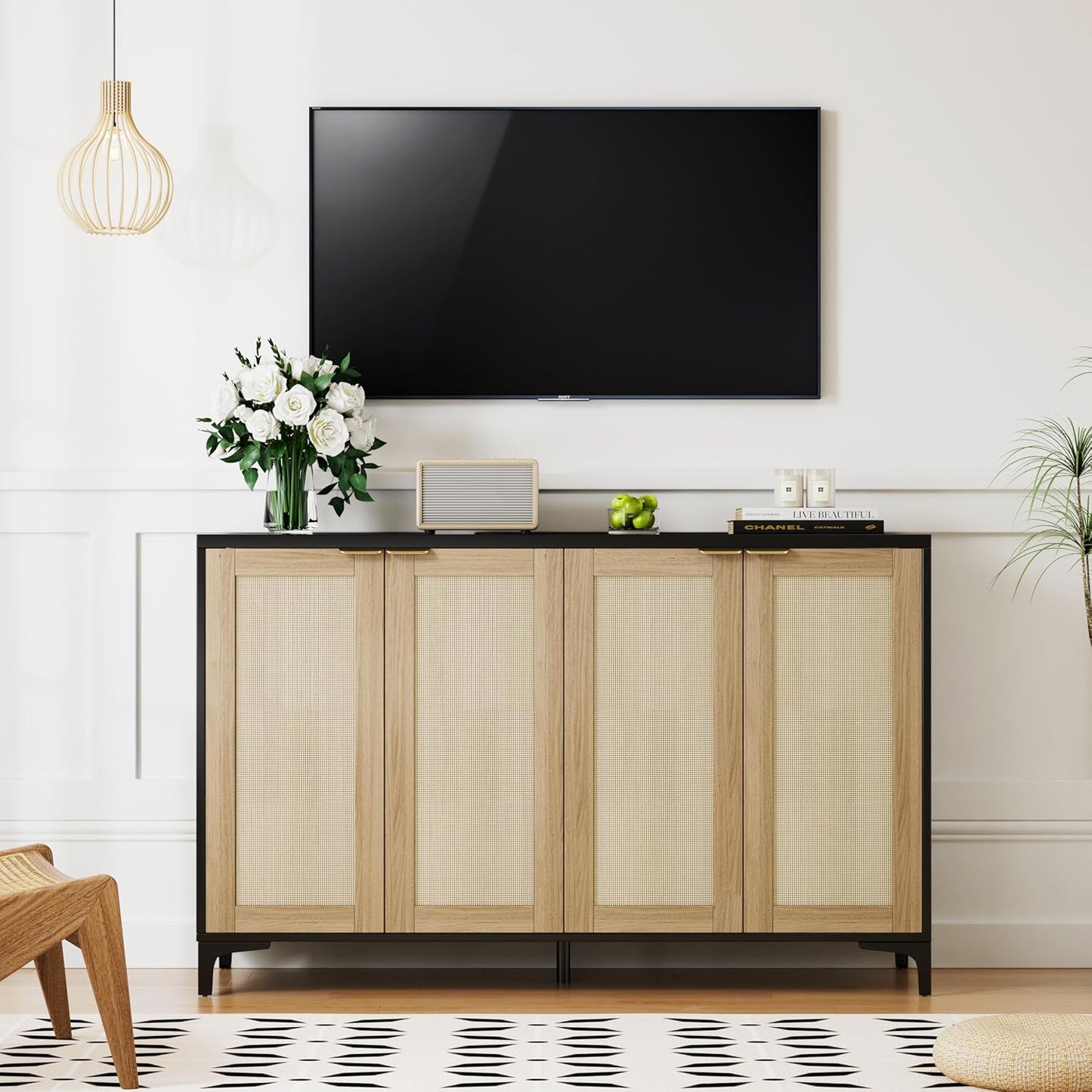 Sideboard - Buffet Cabinet with Storage, Rattan Cabinet with 4 Doors and Adjustable Shelves, Accent Cupboard with Metal Feet, Black Sideboard Console Table for Living Room, Entry, Dining Room