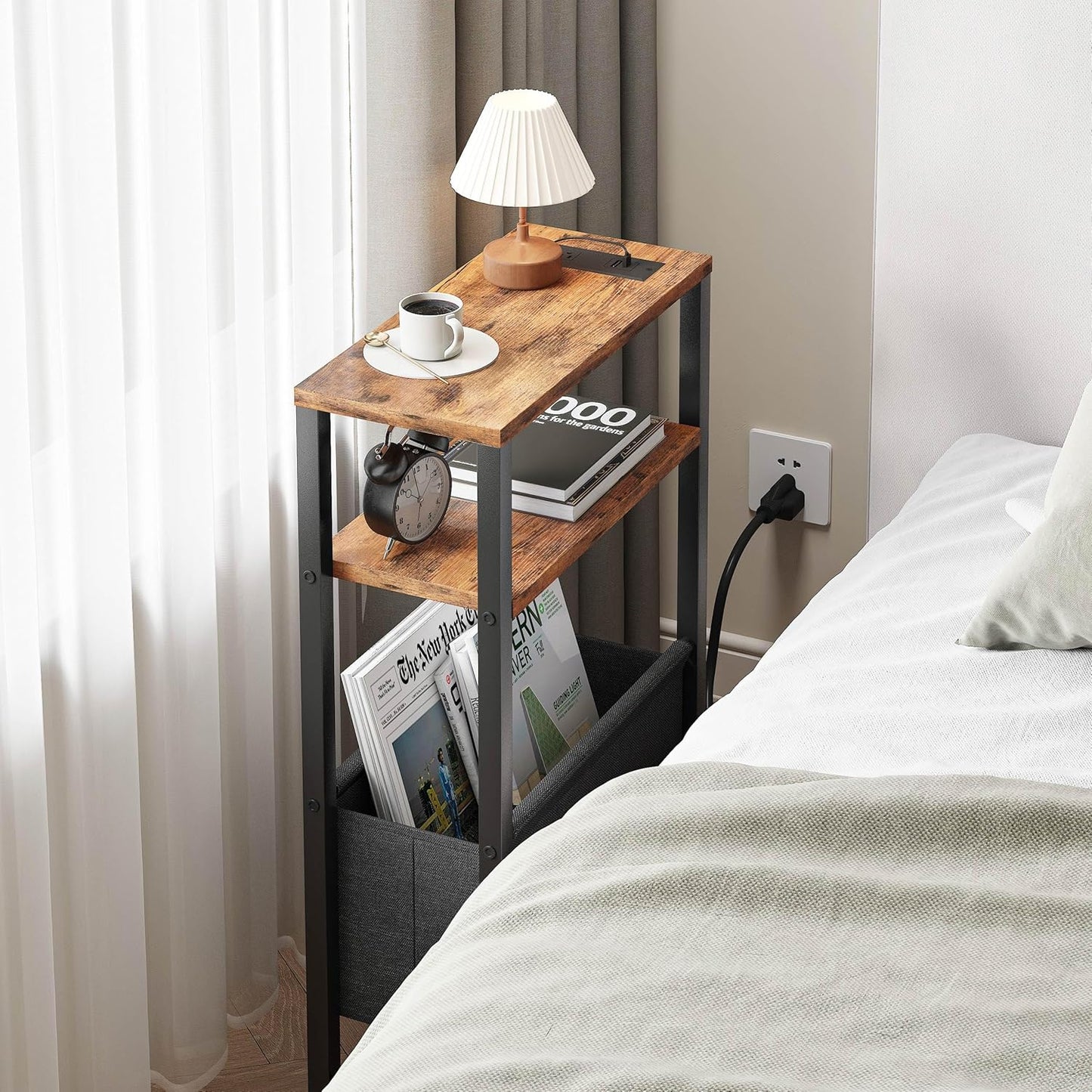 Narrow Side Table with Charging Station Slim End Table Sofa with Magazine Rack, Bedside Table for Small Spaces, 3 Tier Nightstand for Living Room Couch, Bedroom Rustic Brown LET503RE