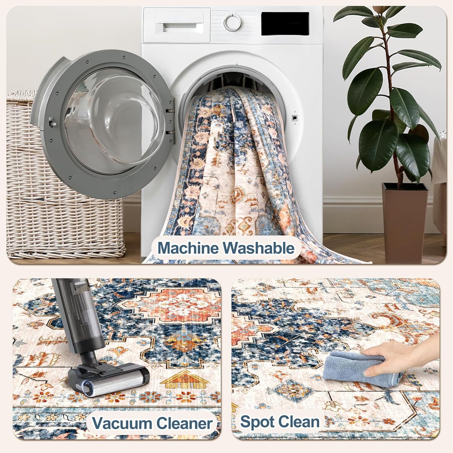 Tangsoo 2.6x8 Washable Runner Rug for Hallways, Non Slip Vintage Rug, Soft Low Pile Long Runner, Blue Carpet Runners for Kitchen Bedroom Entryway Bathroom Living Room