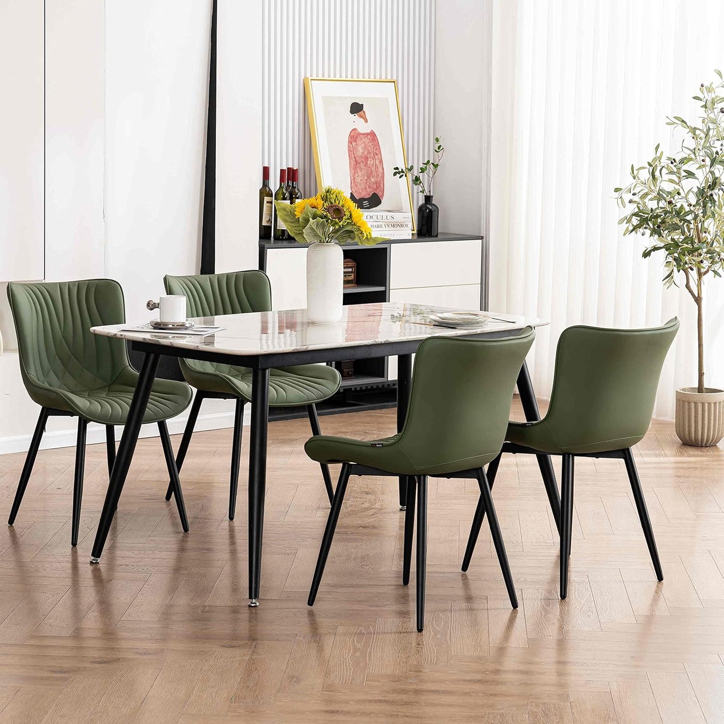 YOUTASTE Dining Chairs Set of 2 Upholstered Mid Century Modern Kitchen & Dining Room Chairs Armless Faux Leather Accent Chair with Padded Back Metal Legs for Bedroom Vanity Lounge, Olive Green