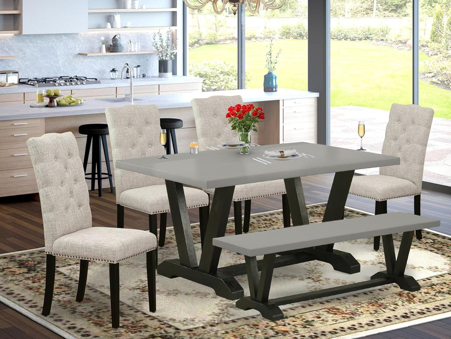 East West Furniture V697EL635-6 6 Piece Dining Table Set Contains a Rectangle Dining Room Table with V-Legs and 4 Doeskin Linen Fabric Parson Chairs with a Bench, 40x72 Inch, Multi-Color