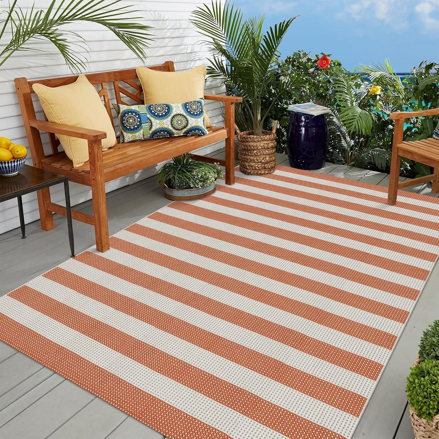 OJIA Outdoor Patio Rug 5'x7', Striped Outdoor Rugs Washable Checkered Area Rugs Cotton Woven Indoor Accent Rugs for Bedroom/Living Room/Front Porch/Deck/Backyard/Camping (Orange/White/Tan)