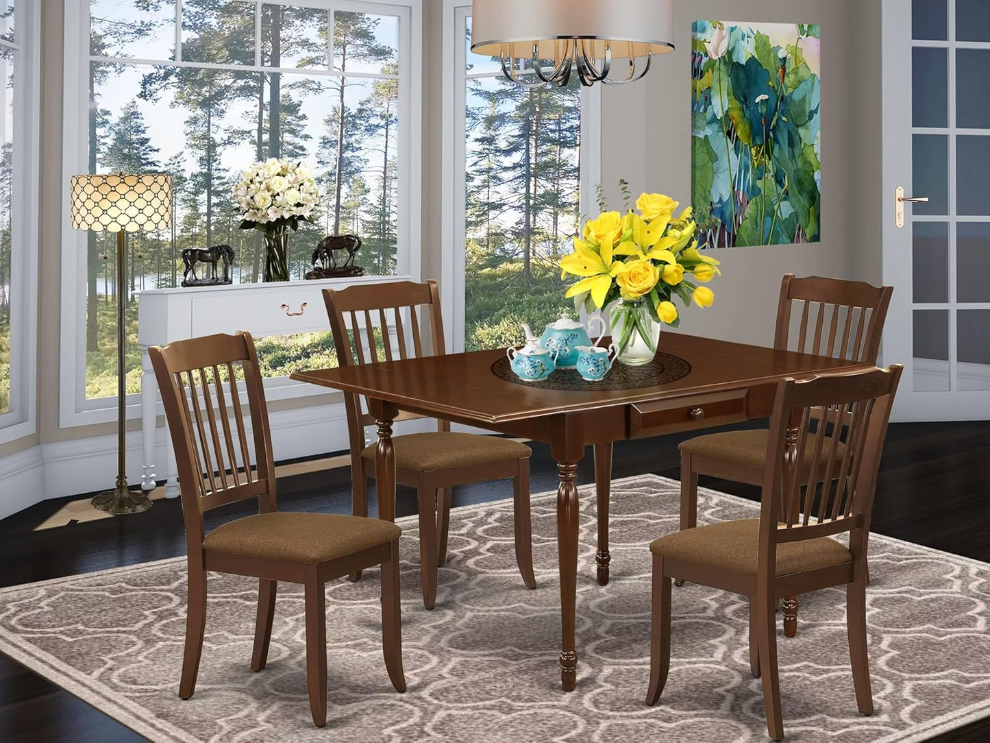 East West Furniture MZDA5-MAH-C 5 Piece Kitchen Table Set for 4 Includes a Rectangle Dining Table with Dropleaf and 4 Linen Fabric Dining Room Chairs, 36x54 Inch, Mahogany