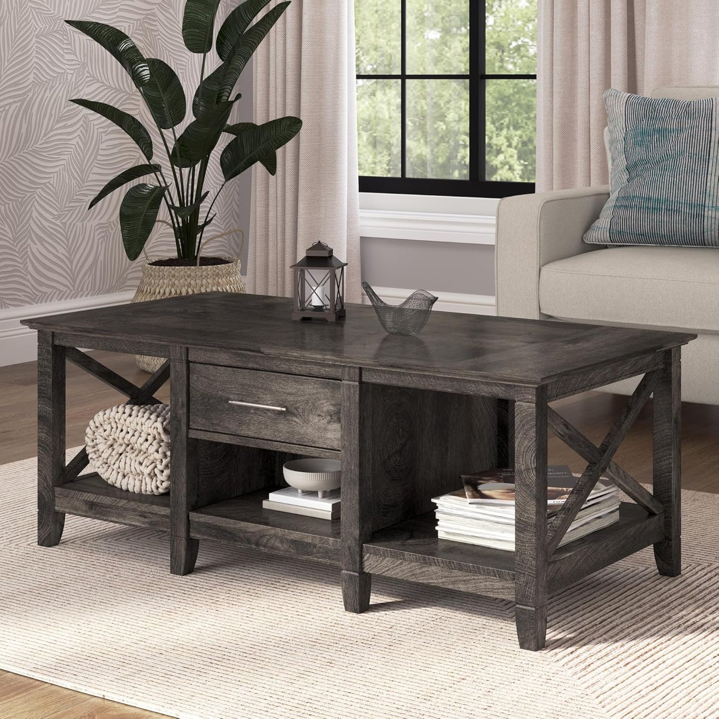 Bush Furniture Key West Coffee Table with Storage in Dark Gray Hickory