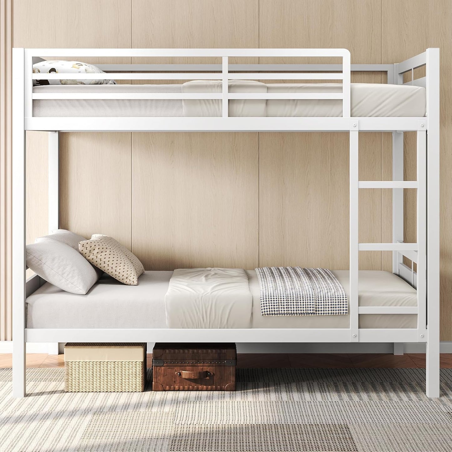 Feonase Metal Bunk Bed Twin Over Twin with Ladder and High Guardrail, Heavy-Duty Metal Slats Support, Noise Free, No Box Spring Needed, for Kids and Juniors, Black