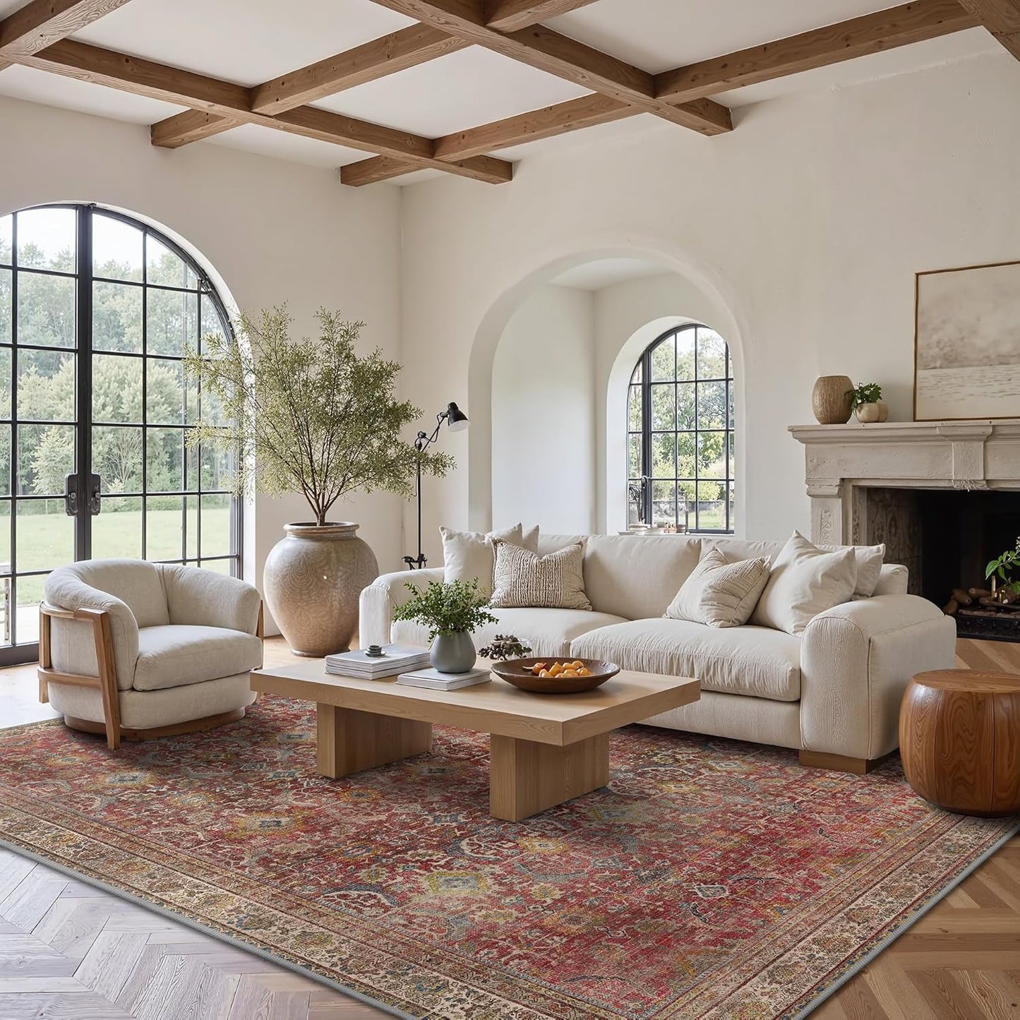 9X12 Area Rugs Machine Washable Rugs for Living Room, Vintage Boho Large Rugs for Bedroom Dining Room, Non Slip Indoor Soft Distressed Lightweight Thin Low Pile Carpet, Rust Red