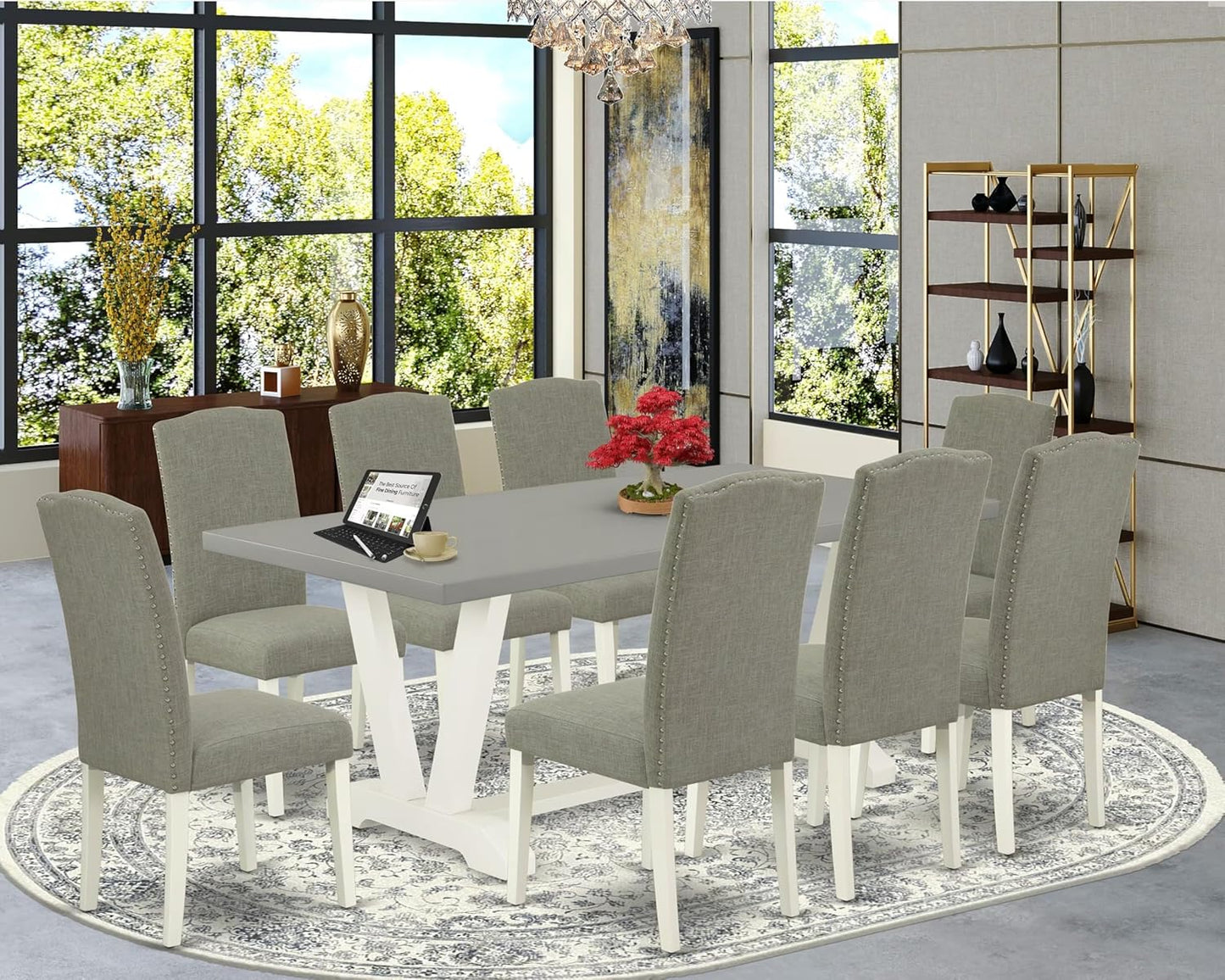 East West Furniture V097EN206-9 9 Piece Dining Room Set Includes a Rectangle Kitchen Table with V-Legs and 8 Dark Shitake Linen Fabric Upholstered Parson Chairs, 40x72 Inch, Multi-Color