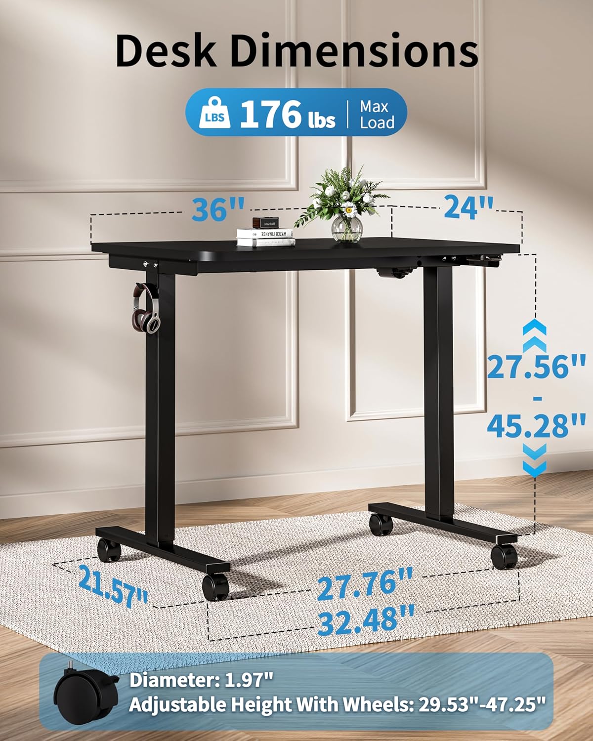 Okin Small Electric Standing Desk, 36" x 24" Whole Piece Height Adjustable Desk, Black Sit to Stand Desks Computer Workstation with Wheels for Home Office