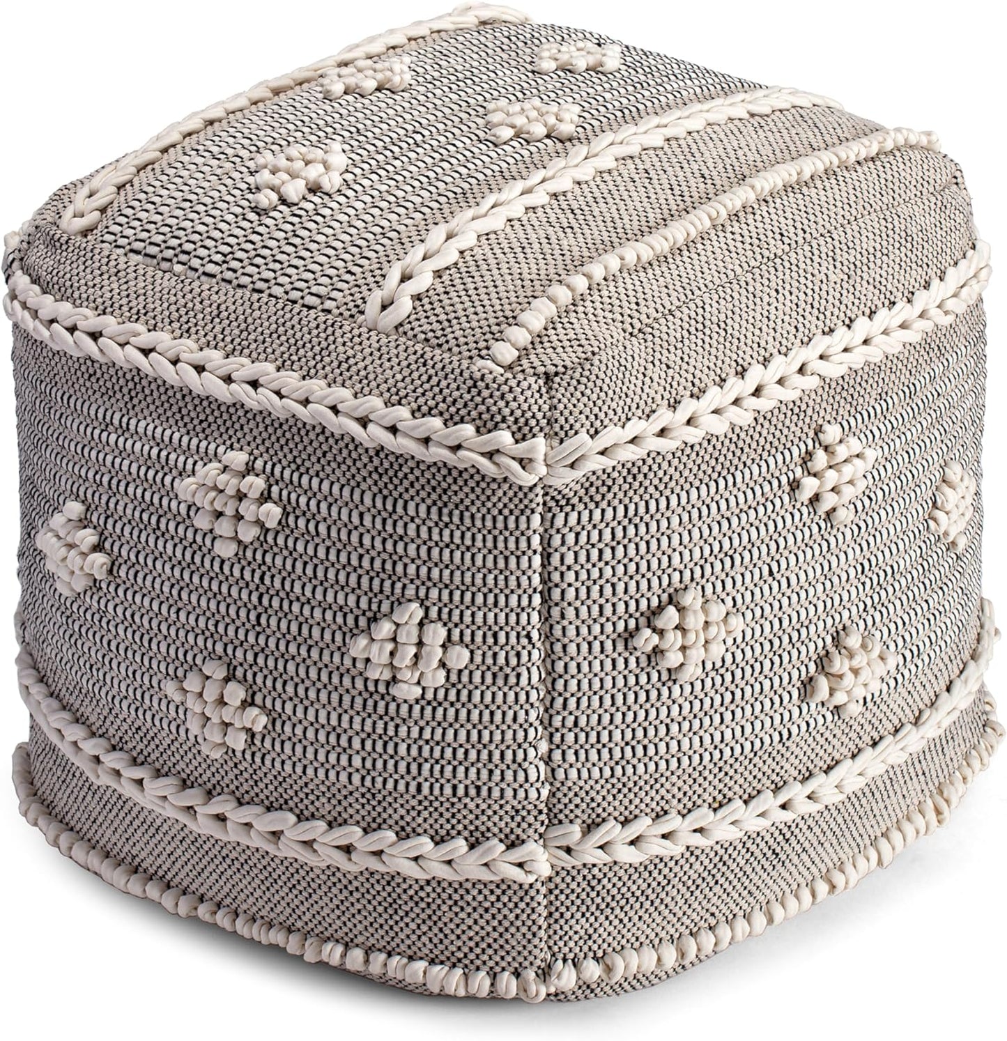 Anji Mountain 100% Handmade & Handcrafted Comfortable Home Décor Pouf Ottoman Footrest for Living Room, Bedroom, Nursery, Kidsroom, Patio Furniture - (20" x 20" x 20"- Black,Ivory)