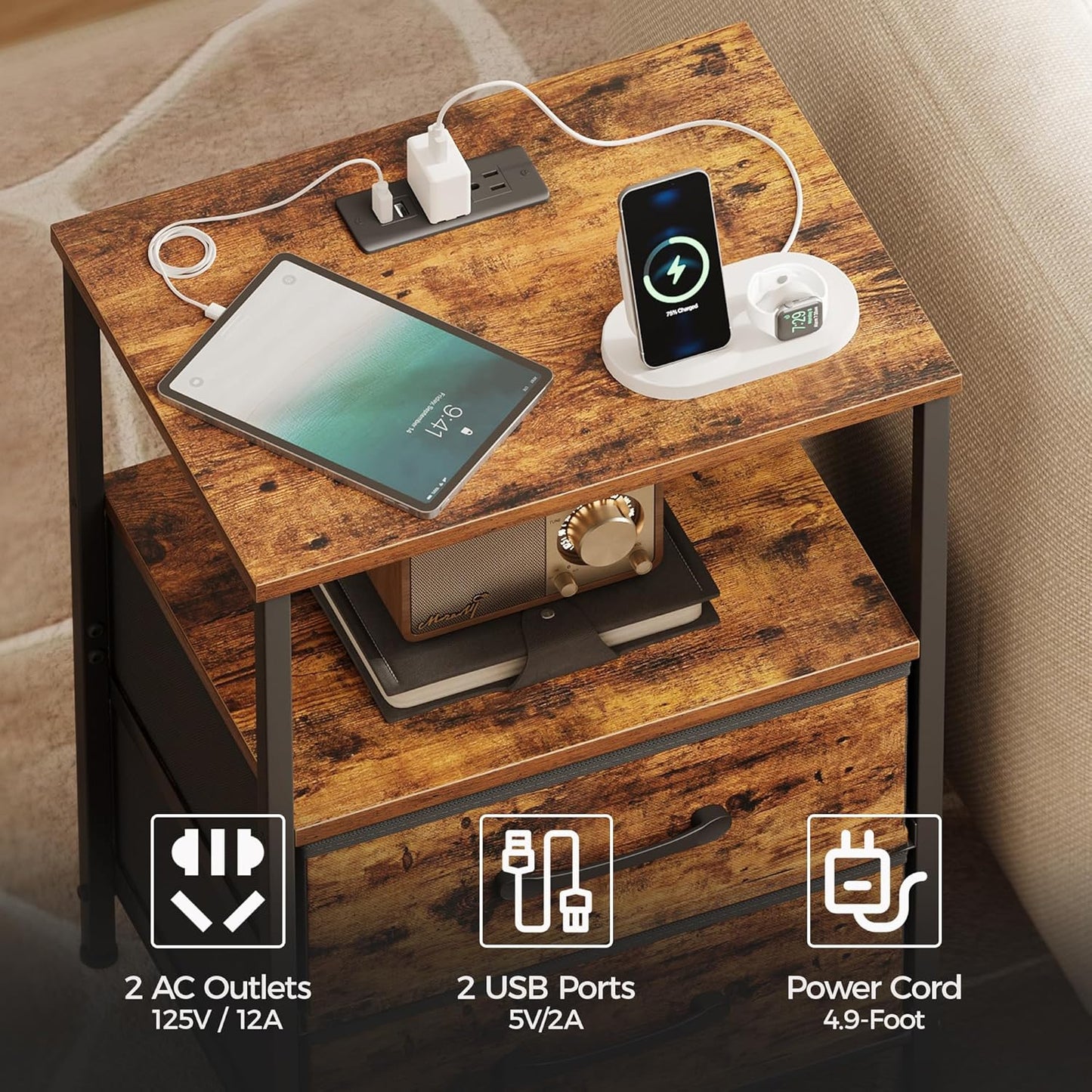 Nightstands Set of 2, Night Stand with Charging Station and Led Lights, Bedside Table with 2 Fabric Drawers for Bedroom, Small Side End Table with Open Shelf, Rustic Brown