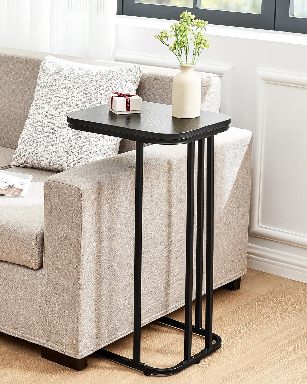 C Shaped End Table Set of 2, Small Side Table for Sofa and Bed, Couch Tables That Slide Under, Tall Tv Tray Table for Living Room, Bedroom, Ebony Black