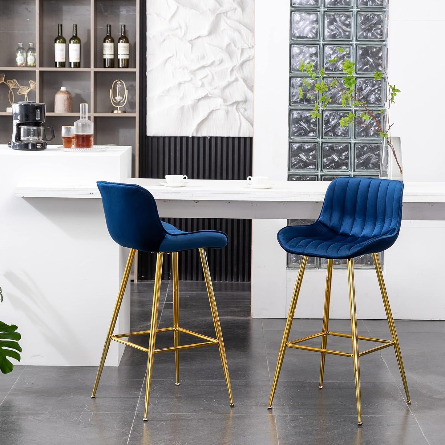 Sidanli Velvet Blue Bar Stools, 29 Inch Upholstered Island Stools with Footrests, Gold Bar Chairs for Home, Kitchen Island, Dining Room