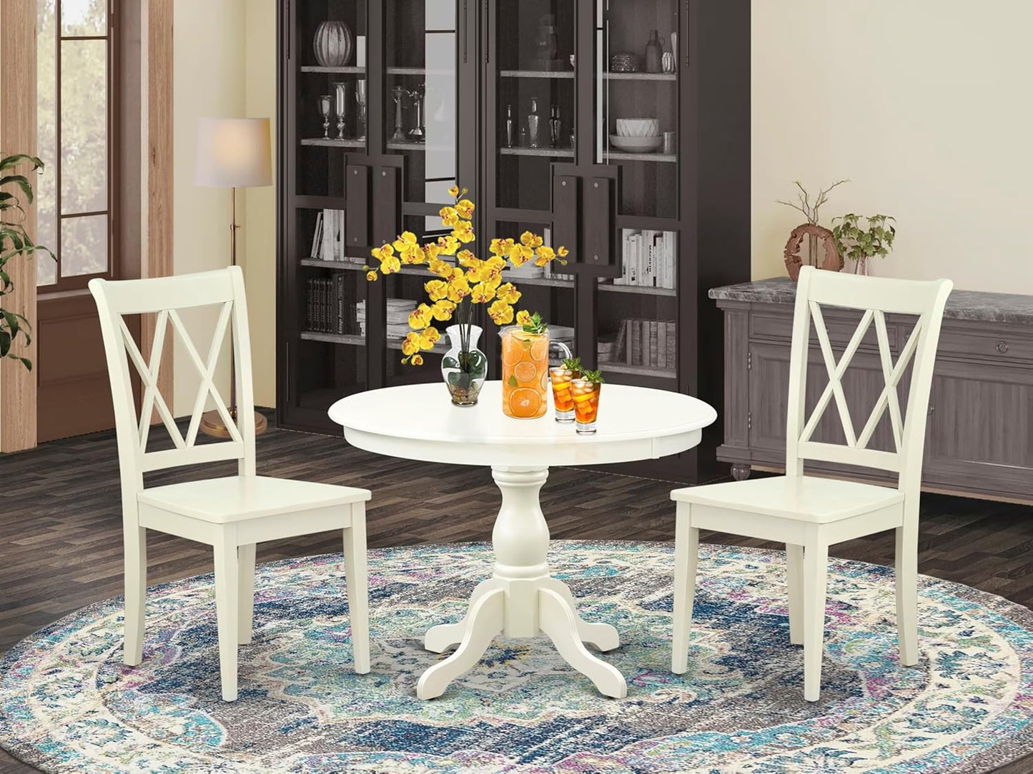 East West Furniture HBCL3-LWH-W 3 Piece Dinette Set for Small Spaces Contains a Round Dining Table with Pedestal and 2 Dining Chairs, 42x42 Inch, Linen White
