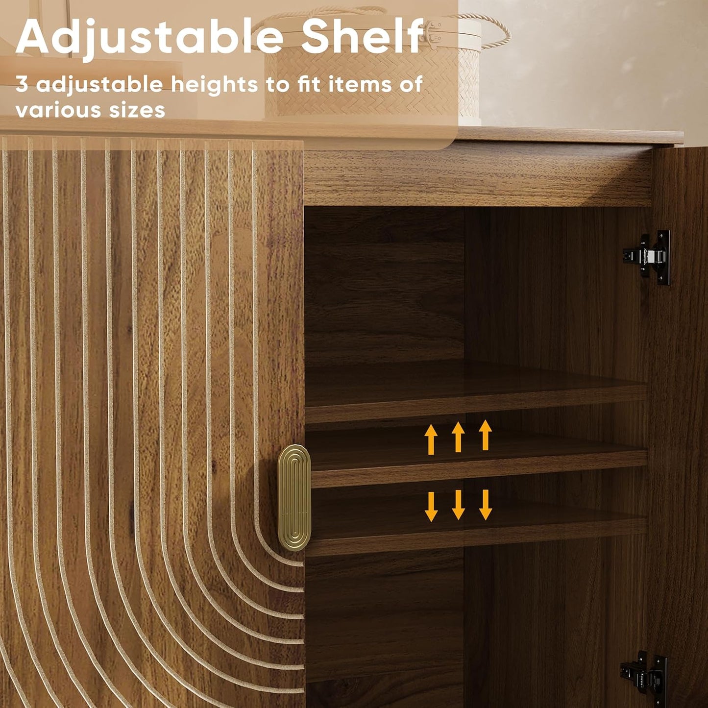 Smuxee Walnut Sideboard Cabinet, Freestanding Buffet Cabinet with Line Groove Design, Wood Storage Cabinet with Adjustable Shelf for Living Room, Entryway, Hallway