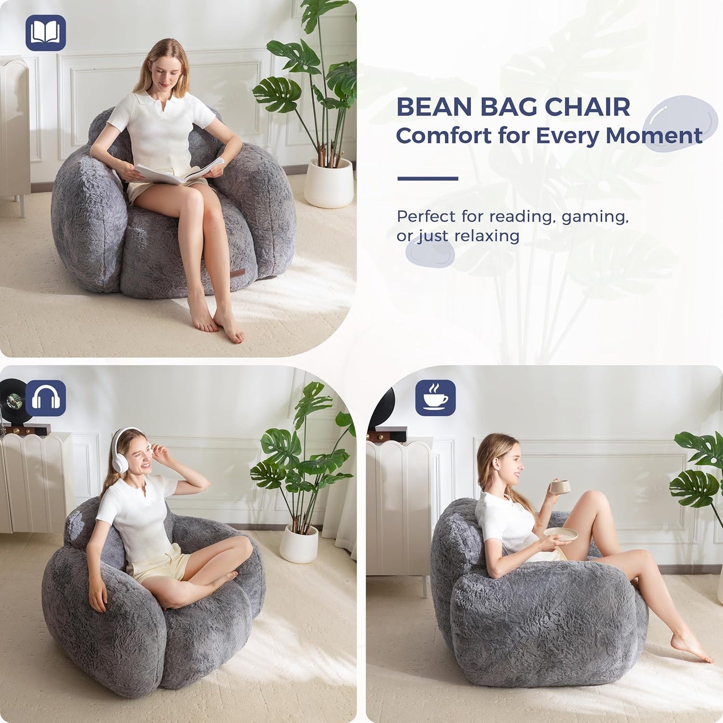 MAXYOYO Bean Bag Chair, Comfy Pebble Shaped Single Bean Bag Sofa for Adults, Stuffed Floor Sofa with Supportive Backrest & Armrests, Modern Faux Fur Accent Chair for Living Room & Bedroom, Grey