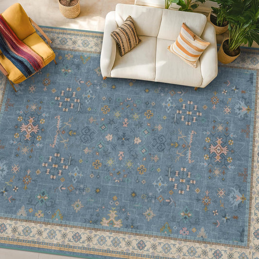 Boho 8x10 Large Area Rugs for Living Room - Eclectic Dusky Blue Rug for Bedroom Under Bed, Dining Room Under Kitchen Table, Washable Soft Non Slip Unique Colorful Indoor Décor