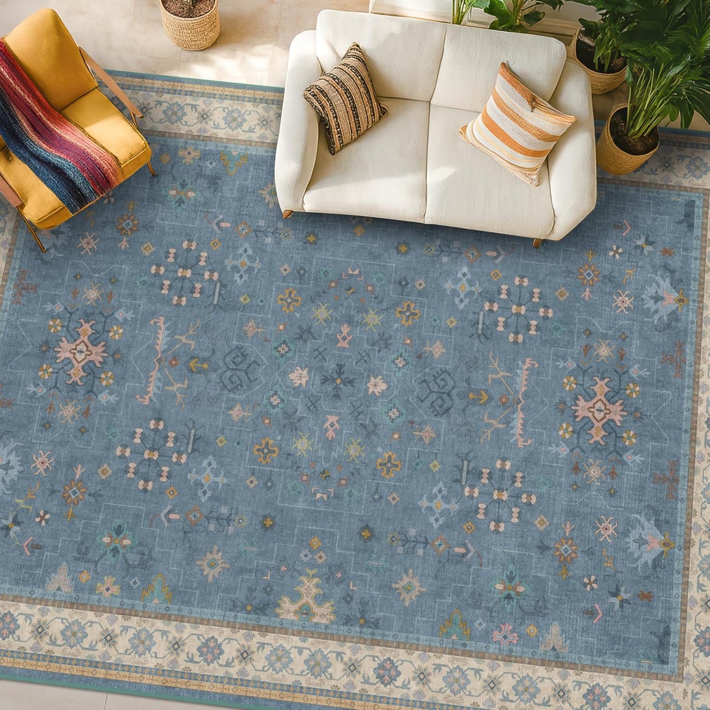 Boho 7x10 Accent Area Rugs for Living Room - Dusky Blue Rug for Bedroom Under Bed, Dining Room Under Kitchen Table, Washable Soft Non Slip Unique Colorful Indoor Décor