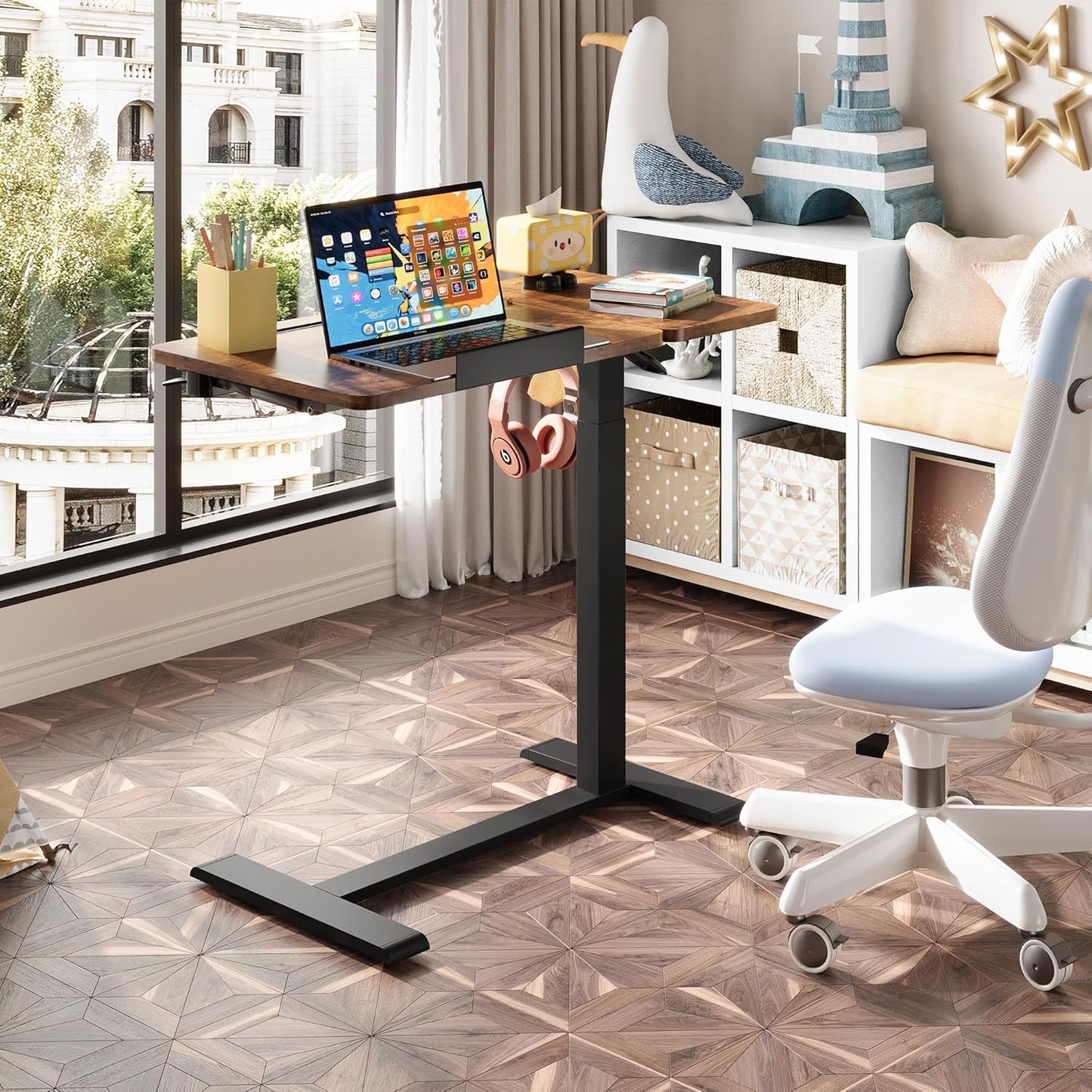 Standing Desk, Medical Overbed Table with Rolling Tray, Dual Pneumatic Angle and Height Adjustable Desk, Portable Side Table with Hidden Wheels, Home & Hospital Use, Rustic Brown