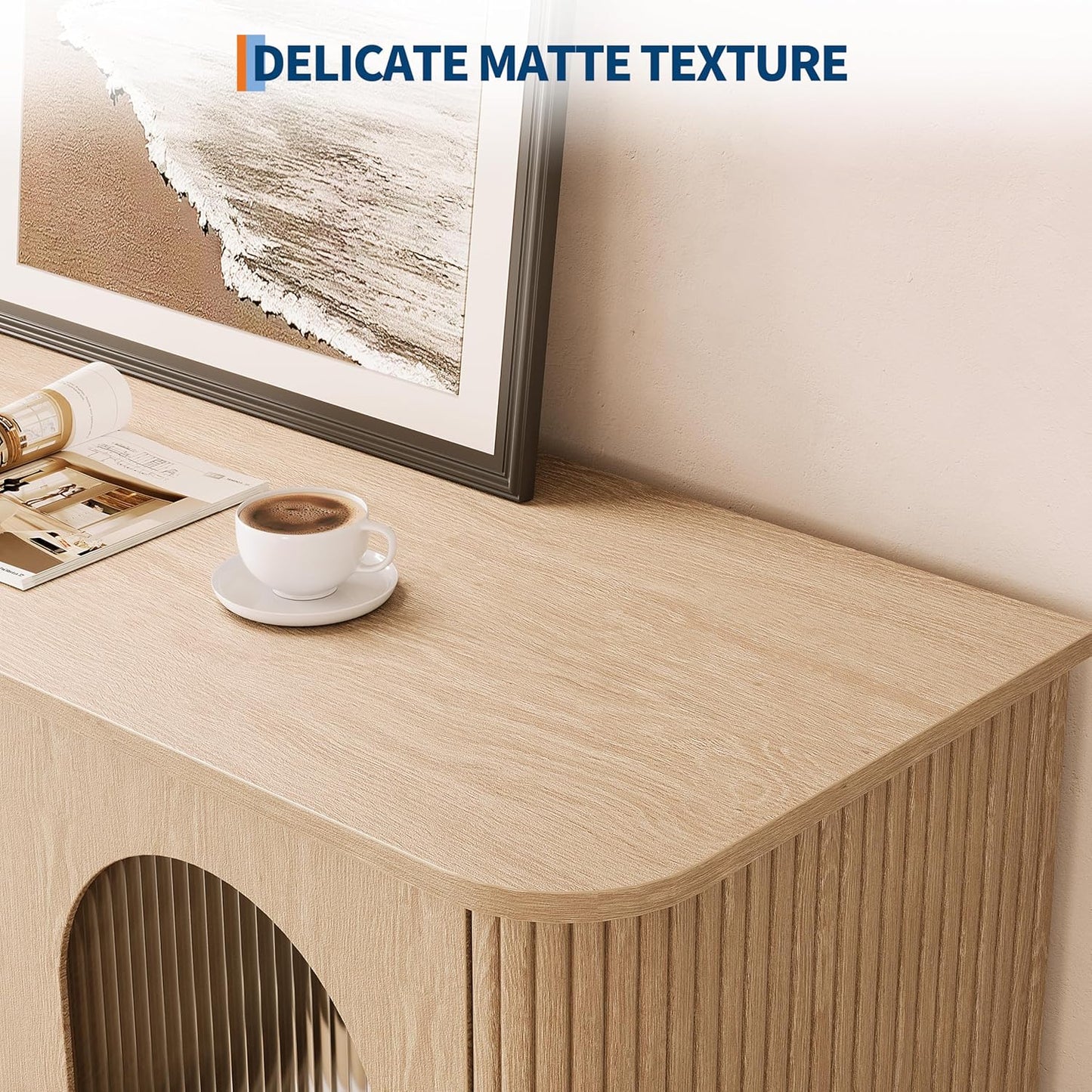 GarveeHome 47.2" Sideboard Buffet Cabinet with 2 Fluted Glass Doors & 3 Drawers, Modern Farmhouse Accent Coffee Bar with Adjustable Shelves for Kitchen, Living Room, Hallway, Natural