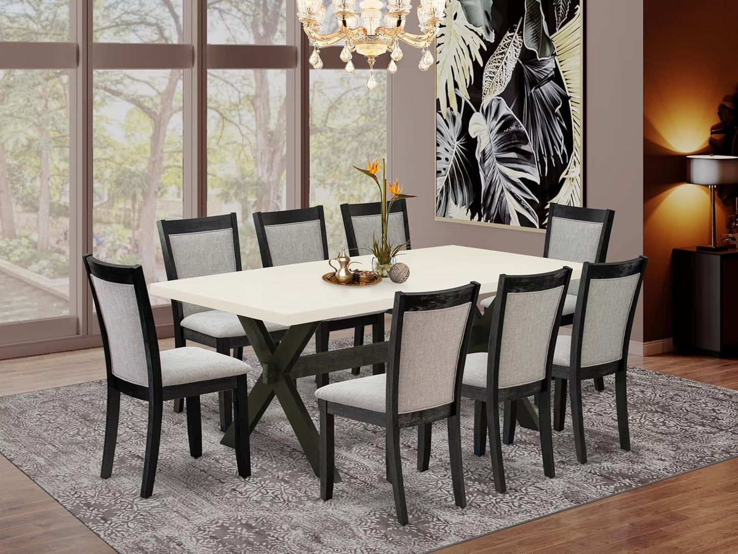 East West Furniture X627MZ606-9 9 Piece Modern Dining Table Set Includes a Rectangle Dining Room Table with X-Legs and 8 Shitake Linen Fabric Upholstered Chairs, 40x72 Inch, Multi-Color