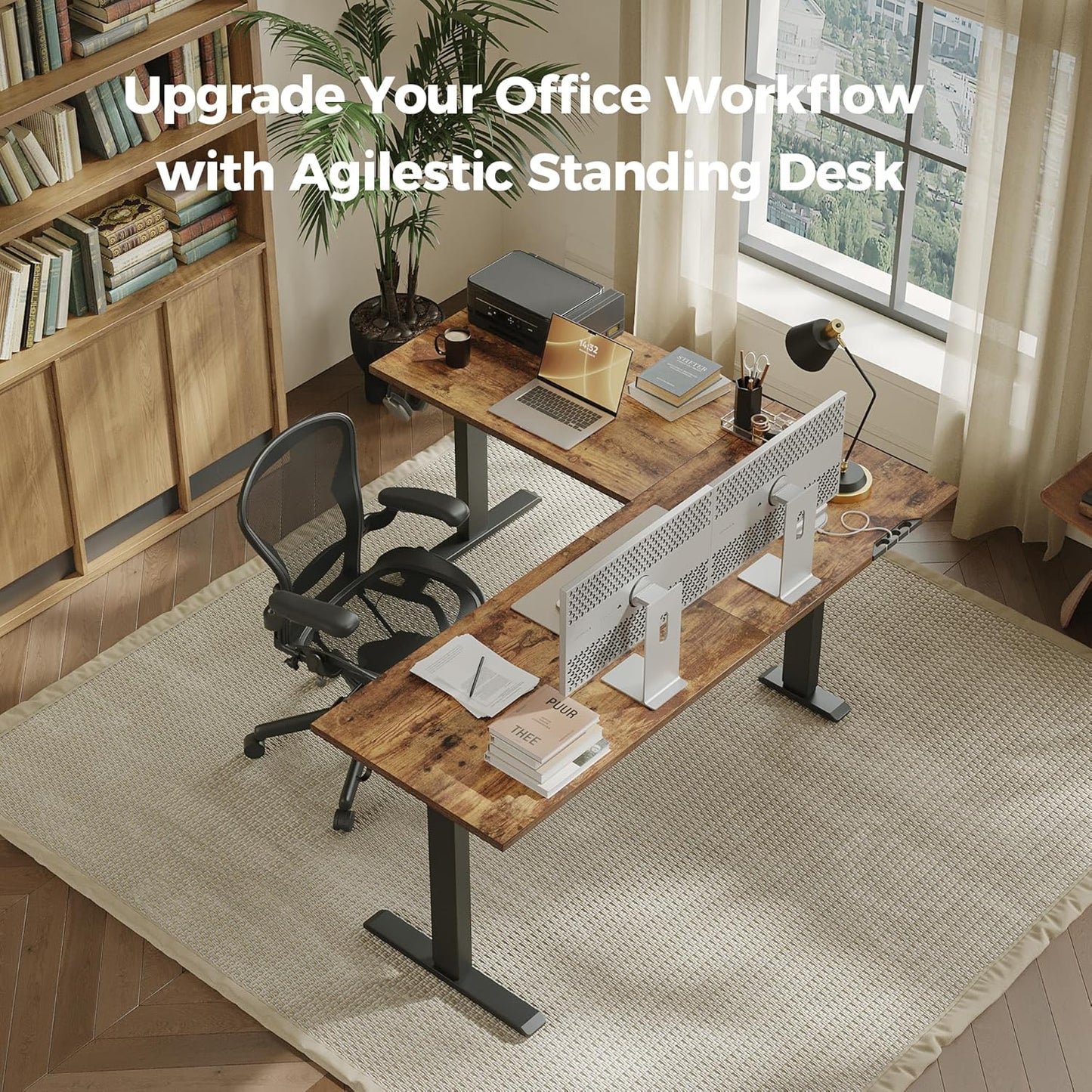 Agilestic 63 x 55 Inch L Shaped Standing Desk Adjustable Height, Corner Standing Desk, Sit Stand Up Computer Table, Splice Board, Rustic Brown