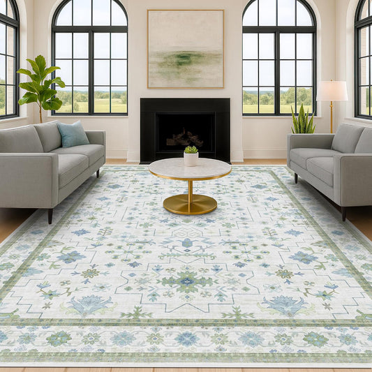Washable Rugs for Living Room 10x12 - Cream Blue and Green Oriental Floral Geometric, Low Pile Non Slip Extra Large Area Rug for Dining Under Table, Bedroom, Lounge