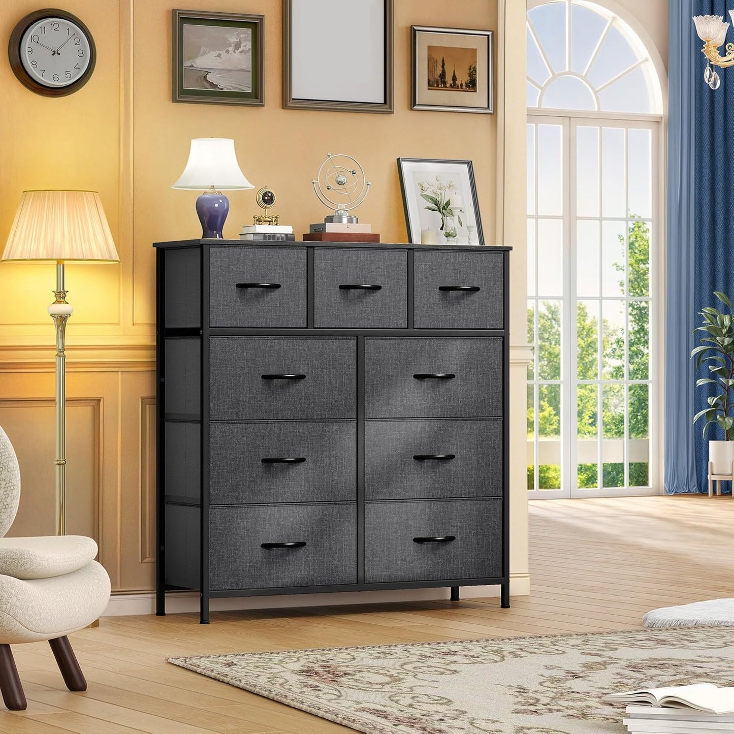 DWVO 9 Drawers Dresser for Bedroom, Fabric Storage Tower for Living Room, Entryway - Sturdy Steel Frame, Wooden Top & Easy Pull Fabric Bins