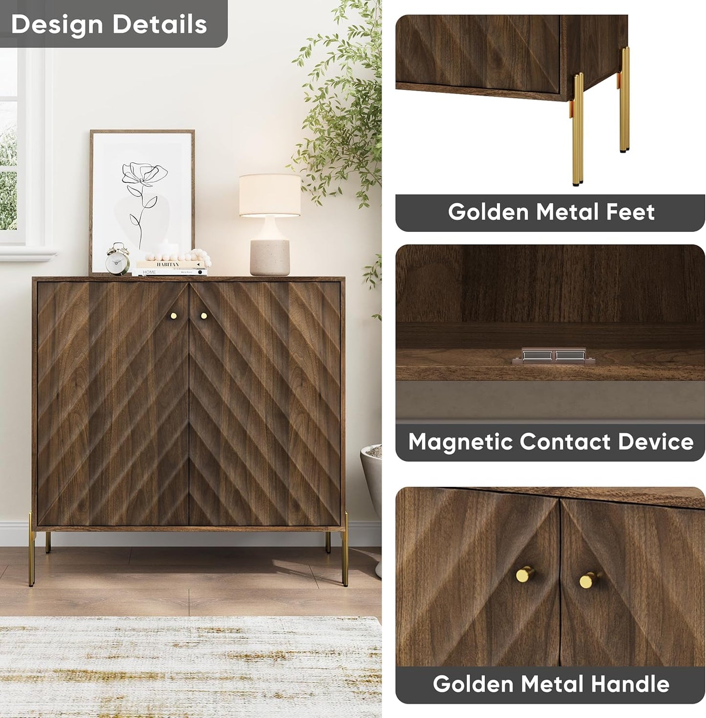 Smuxee Walnut Sideboard Cabinet, Freestanding Buffet Cabinet with Golden Metal Feet, Wood Storage Cabinet with Adjustable Shelf for Living Room, Entryway, Hallway
