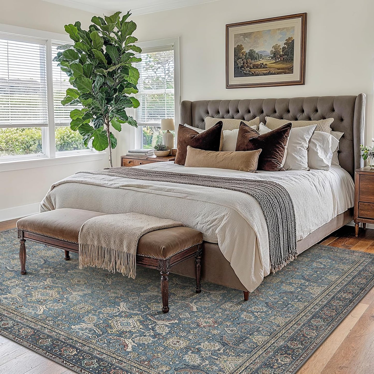 6X9 Area Rugs Machine Washable Rugs for Living Room, Vintage Boho Large Rugs for Bedroom Dining Room, Non Slip Indoor Soft Distressed Lightweight Thin Low Pile Carpet, Vintage Blue