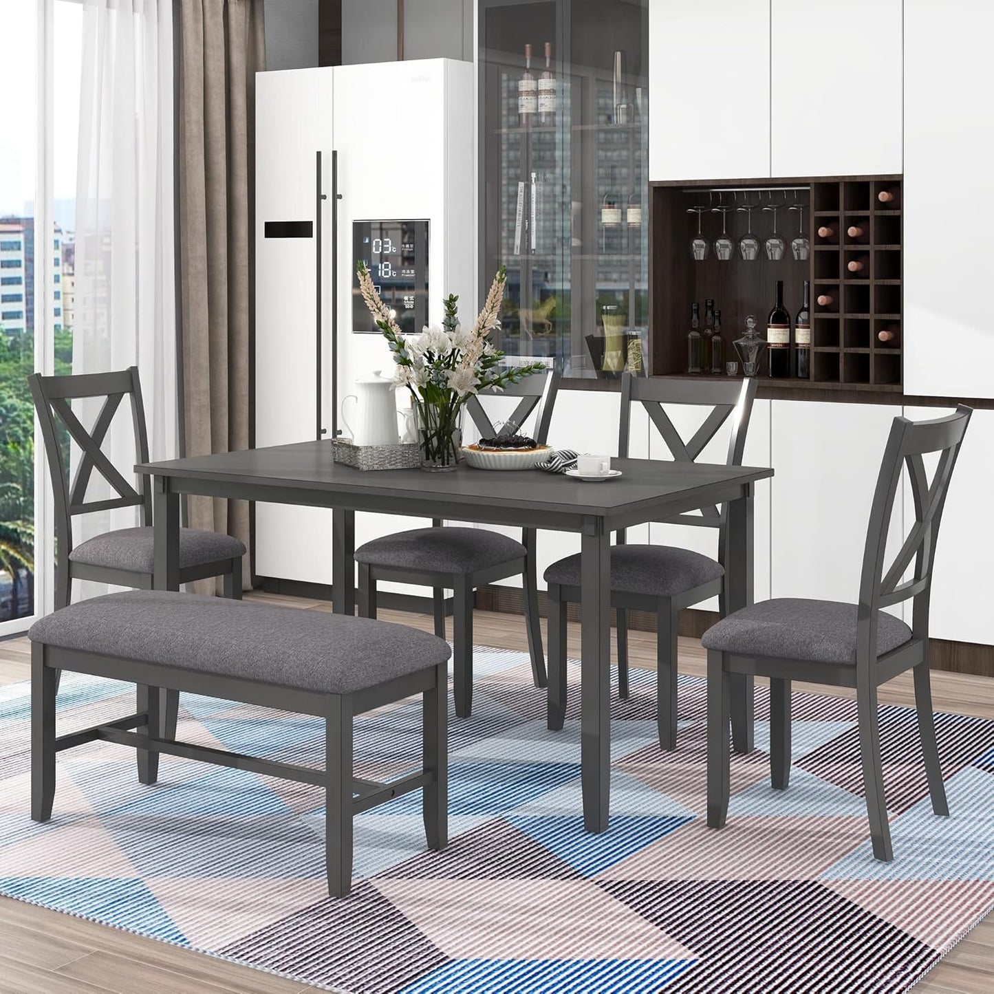 Ball & Cast 6 Piece Dining Table Set with 4 "X-Shaped Curved Backres Fabric Chairs & 1 Bench,Living Room Furniture W/ 60" Rectangle Kitchen Desk,for Restaurant,Home Bistro,Gray