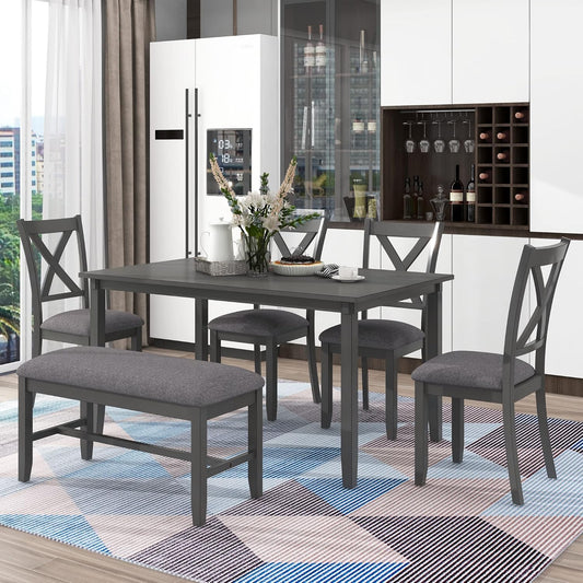 SogesPower 6-Piece Kitchen Dining Table Set for 4-6,Rectangular Dining Table with 4 Fabric Chairs & 1 Bench for Dining Room Living Room,Gray
