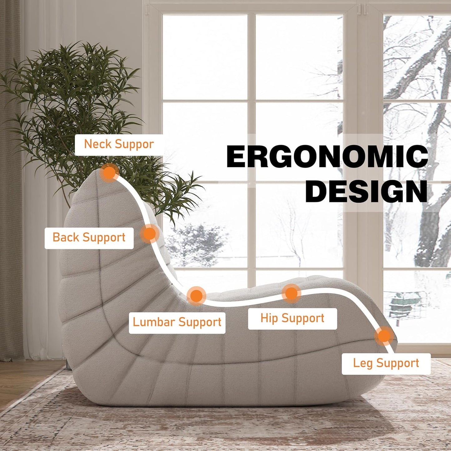 Bean Bag Chair for Adults, Oversized Fireside Chair Comfy Lazy Floor Sofa, Single Seat Sofa Couch Memory Foam Bean Bag Chair for Living Room, Bedroom Apartment Office (Beige)