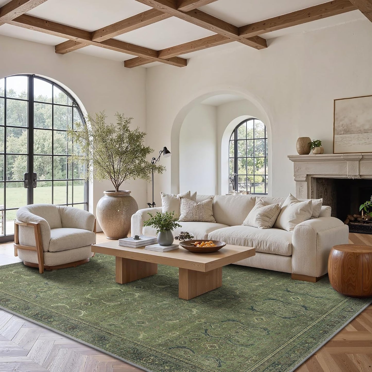 9X12 Area Rugs Machine Washable Rugs for Living Room, Vintage Boho Large Rugs for Bedroom Dining Room, Non Slip Indoor Soft Distressed Lightweight Thin Low Pile Carpet, Vivid Green