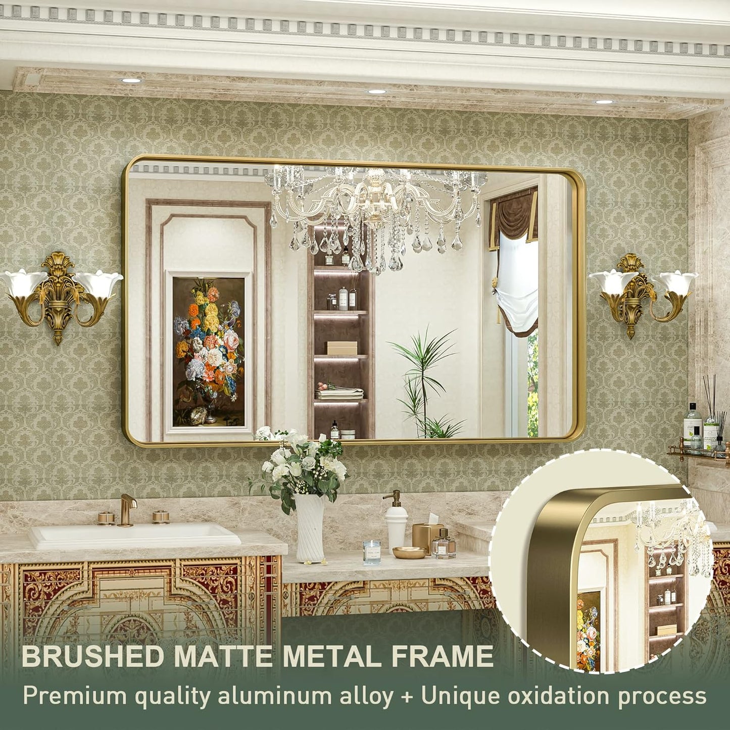 TokeShimi Gold Bathroom Mirror for Wall 48 x 30 Inch Metal Rounded Corner Rectangle Mirror Wall Mirror in Aluminum Alloy Metal Frame Deep Set Design Hangs Horizontal Or Vertical