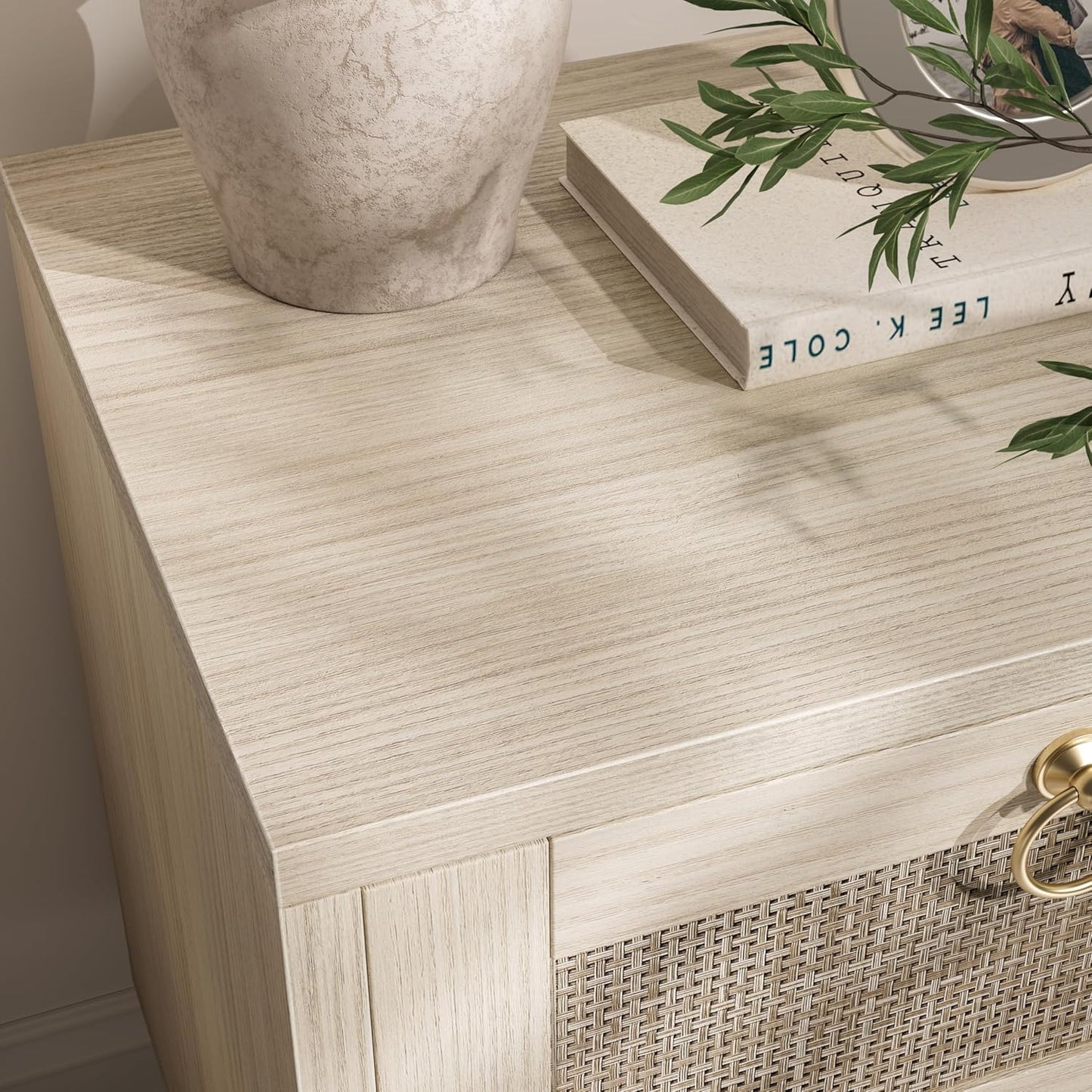BOLUO Wooden Night Stand with 2 Drawer, Rattan Small Nightstand Boho Bedside Table for Cozy Bedroom