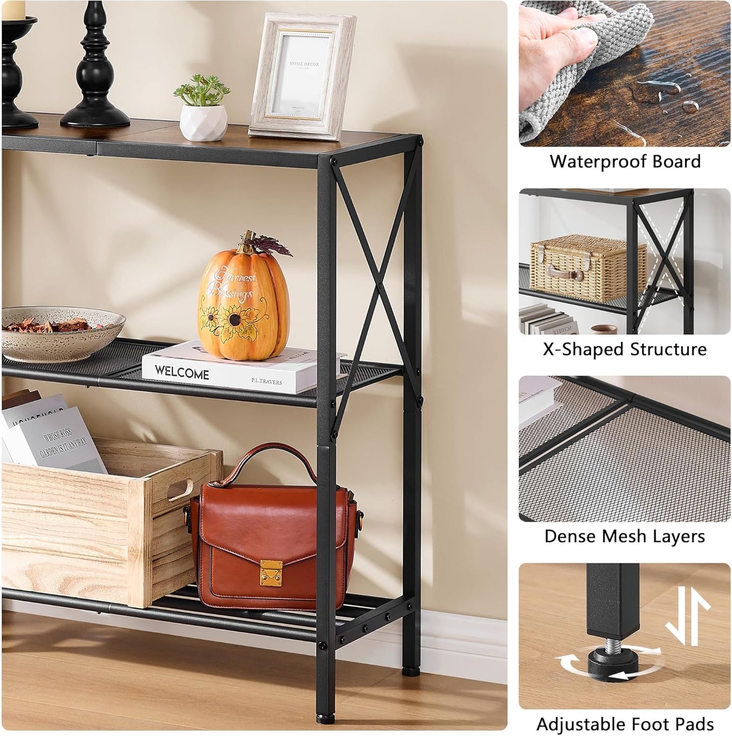 Hoctieon Industrial Console Table, 3-Tier Entryway Tables, Metal Frame, Sofa Table with Shelf, Hallway Tables, Entrance Desk for Entryway, Living Room, Foyer, Hallway, Rustic Brown&Black