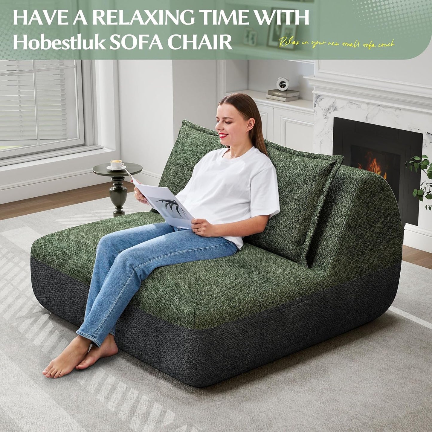 Hobestluk Small Sofa Small Couches for Living Room, Comfy Memory Foam Couch, Mini Sofa with Side Pocket for Living Room, Bedroom (Grey+Green)