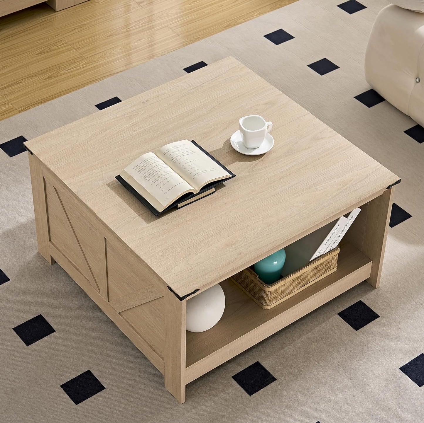 Farmhouse Coffee Table for Living Room, Wood Square Coffee Tables, 31.5" D x 31.5" W, Natural Oak