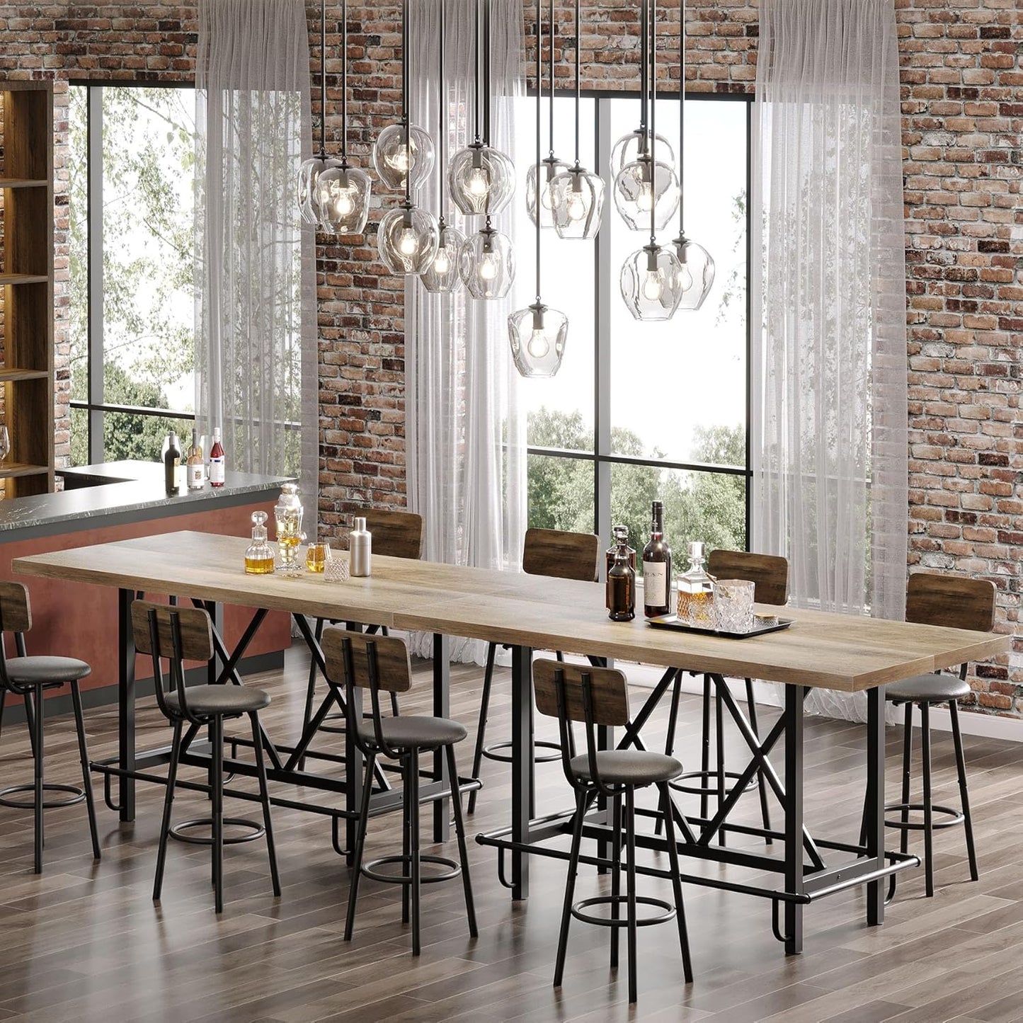 Tribesigns Bar Table, Industrial Counter Height Pub Table with Metal Footrest, 63-Inch Rectangle Wood Kitchen Dining Table with Sturdy Metal Frame for Dining Room, Home Bar (Gray)