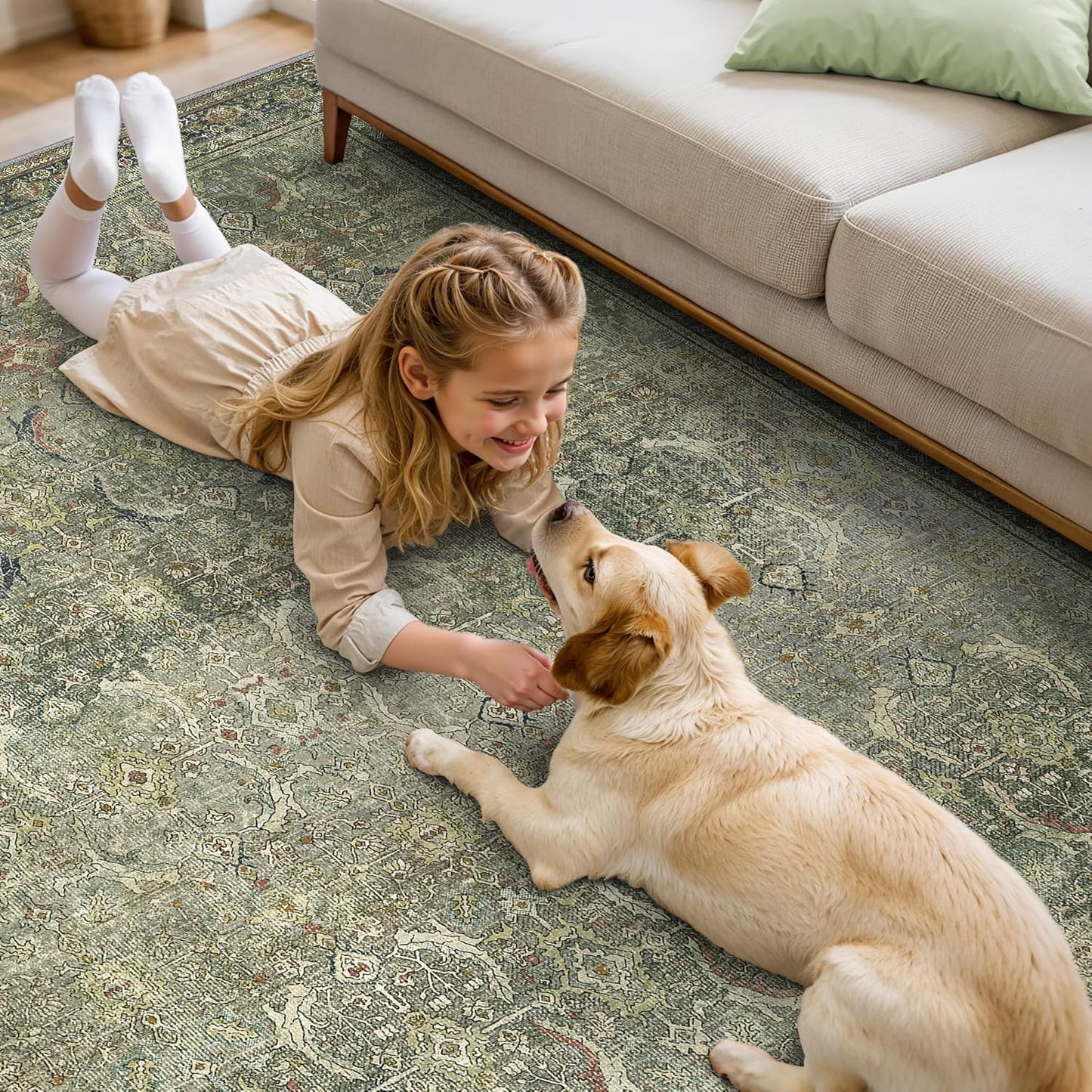 6X9 Area Rugs Machine Washable Rugs for Living Room, Vintage Boho Large Rugs for Bedroom Dining Room, Non Slip Indoor Soft Distressed Lightweight Thin Low Pile Carpet, Green