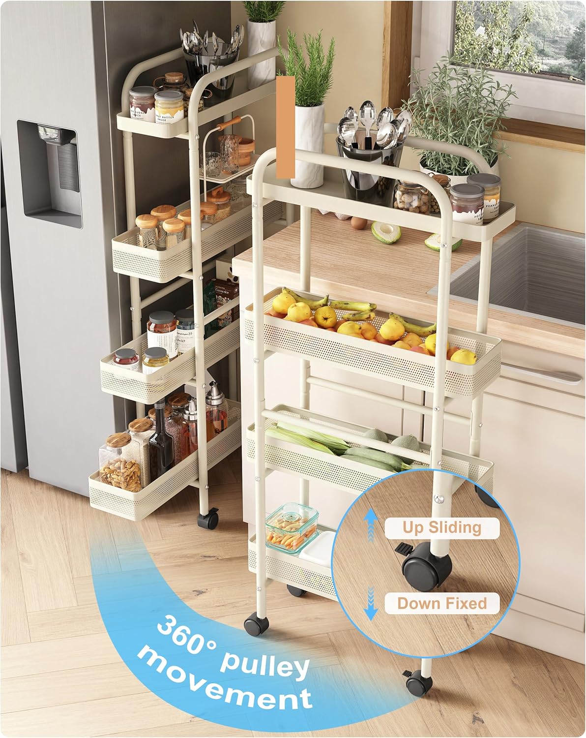 UMDONX Slim Storage Cart 4 Tier with Pull Out Basket Bathroom Organizer Rolling cart, Rolling Utility Cart Slide Out Organizer for Kitchen, Bathroom, Laundry White