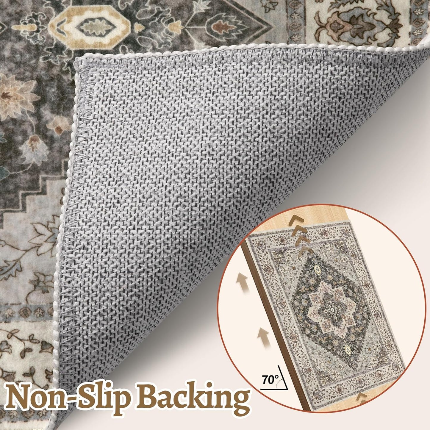 Tangsoo 2x3 Washable Rugs for Entryway, Vintage Non Slip Small Area Rug, Indoor Front Door Rug, Door Mat Small Carpet, Soft Low Pile Entry Rug for Entrance Kitchen Bedroom Print Distressed Grey/Brown